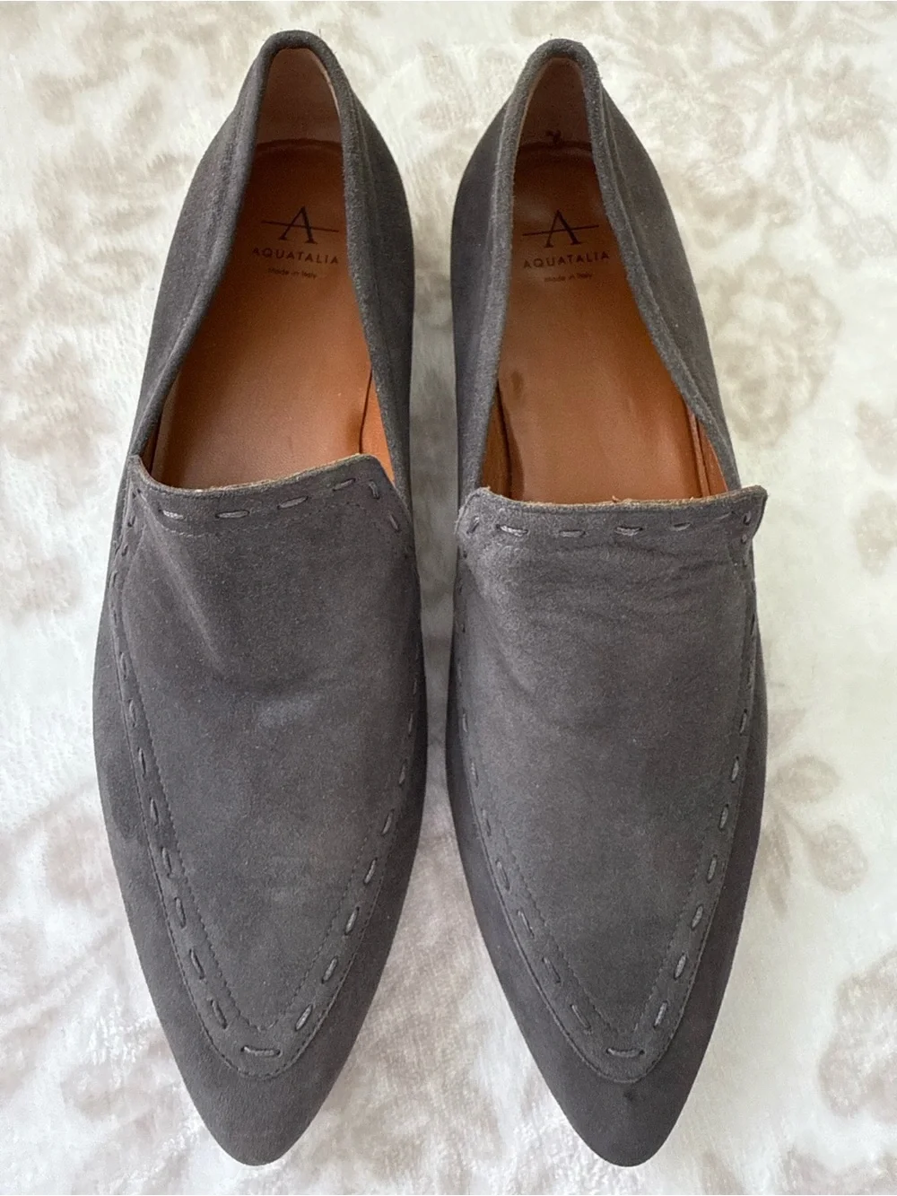 Aquatalia Gray Suede Slip On Loafers Pointed Toe Italy